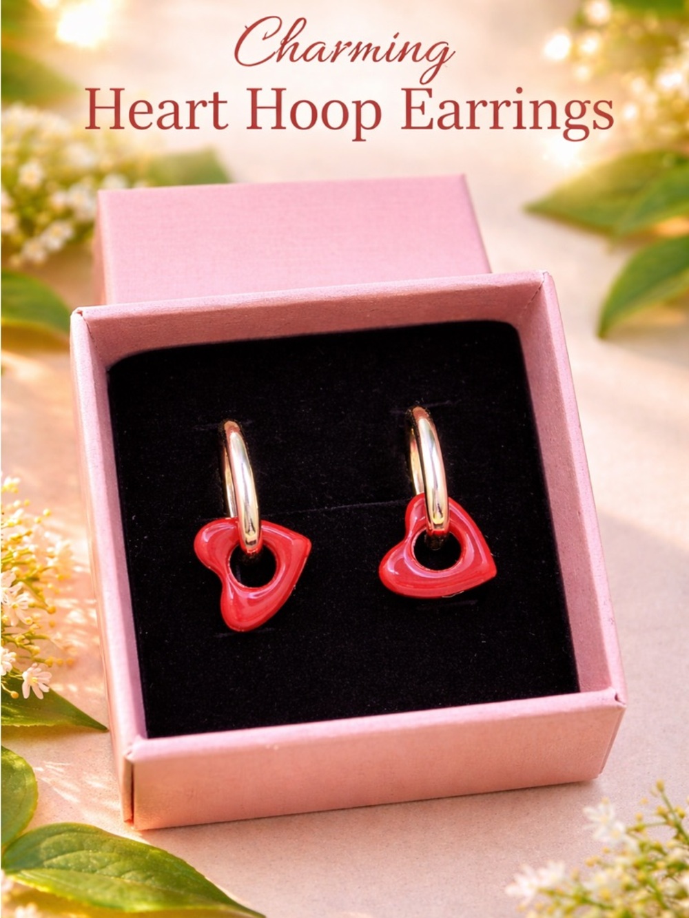 Gold Hoop Earrings with Red Heart Charms